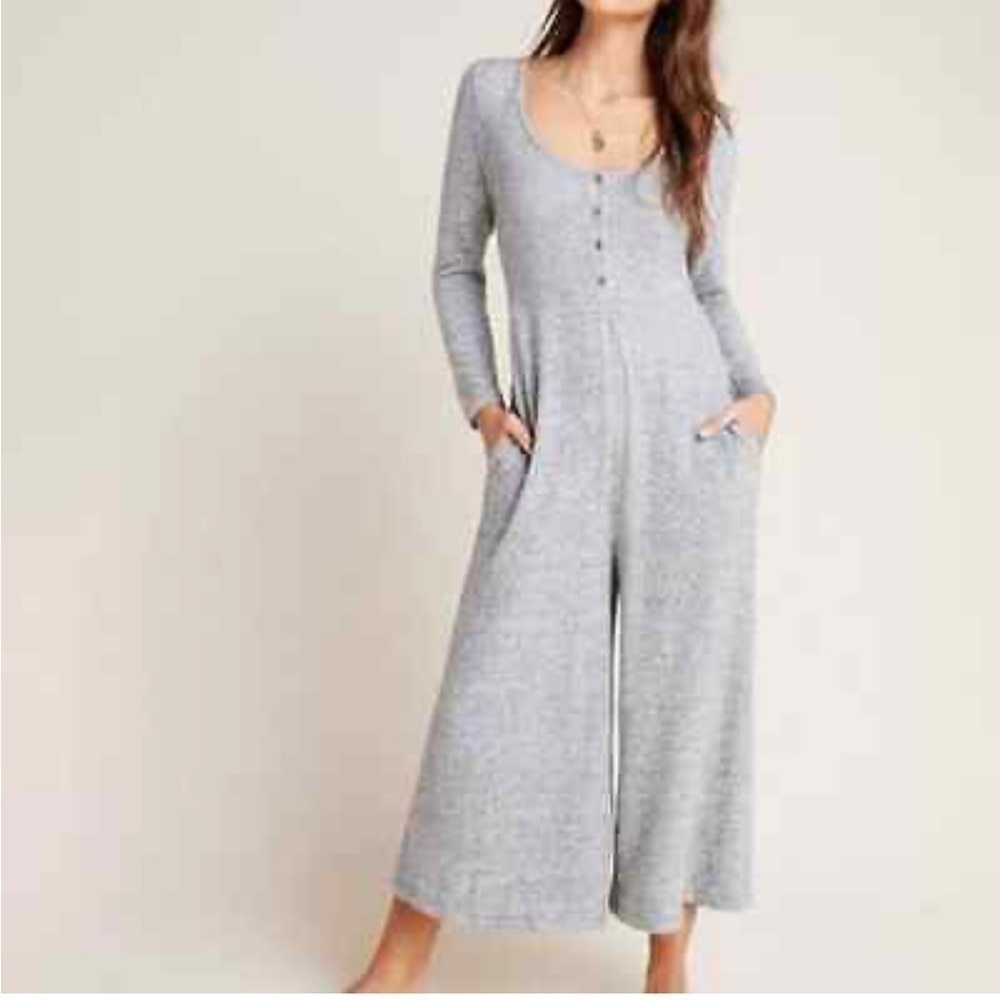Anthropologie Marisa Hacci Sleep Jumpsuit Gray Marled Wide Leg Long Sleeve XS